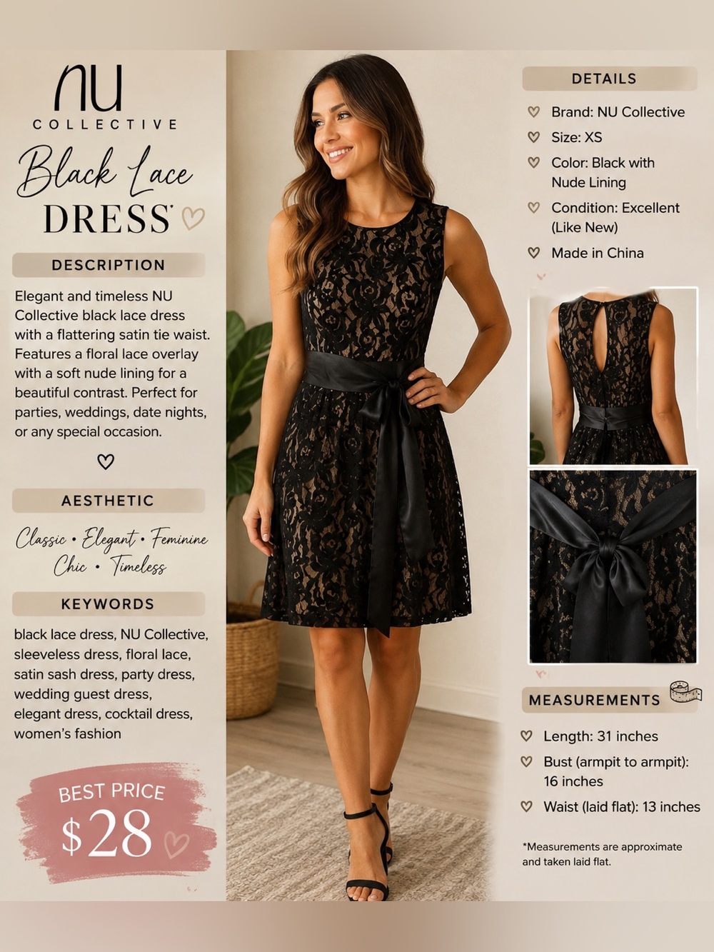 Women’s Black Lace Overlay Dress with Nude Lining